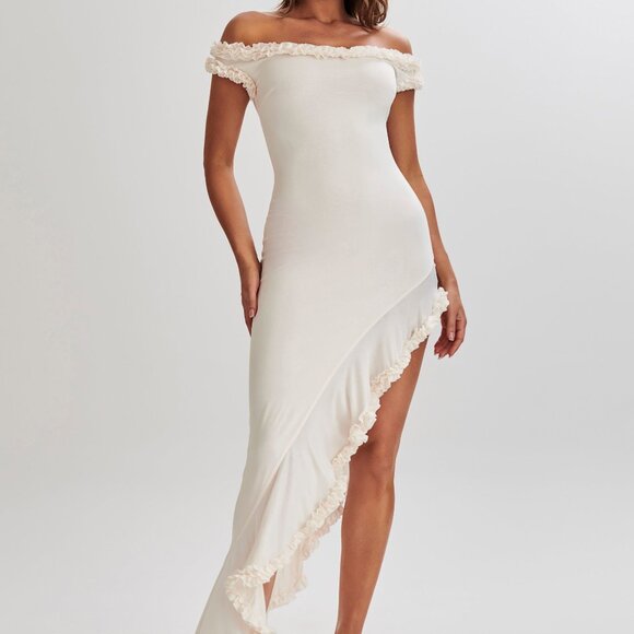 Meshki Arielle Off Shoulder Ruffle Midi Dress - Ivory Size S Small - Picture 7 of 8